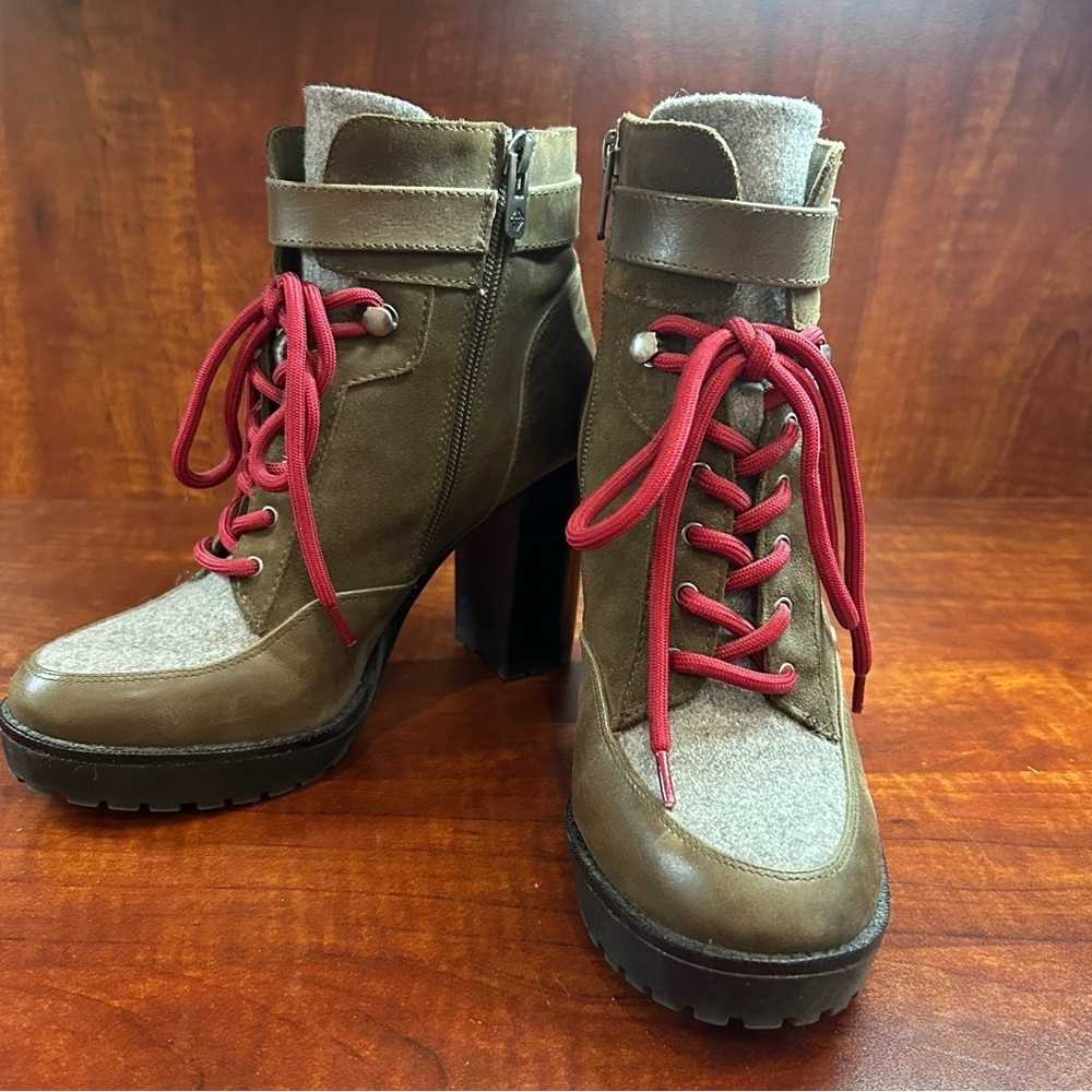 ANTONIO MELANI Parton Combat Ankle Boots Brown Leather & Grey Flannel.   Size:6M